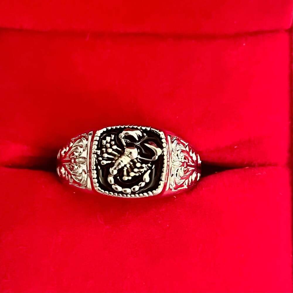 Scorpion Signet Ring Black Face Titanium Steel Engraved Band Size 10